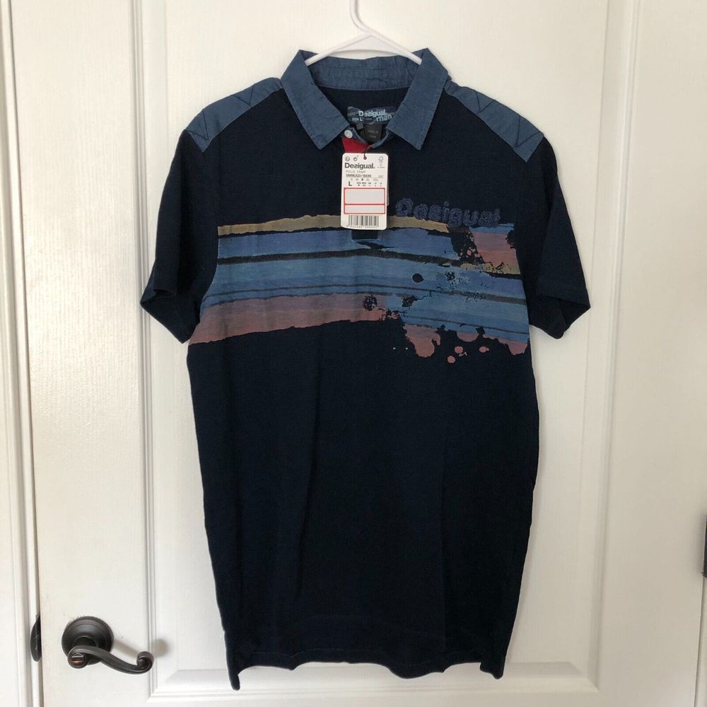 Desigual Man Polo Tamp Navy Blue Graphic Shirt Denim Collar‎ 18WMLK23 Medium NEW
